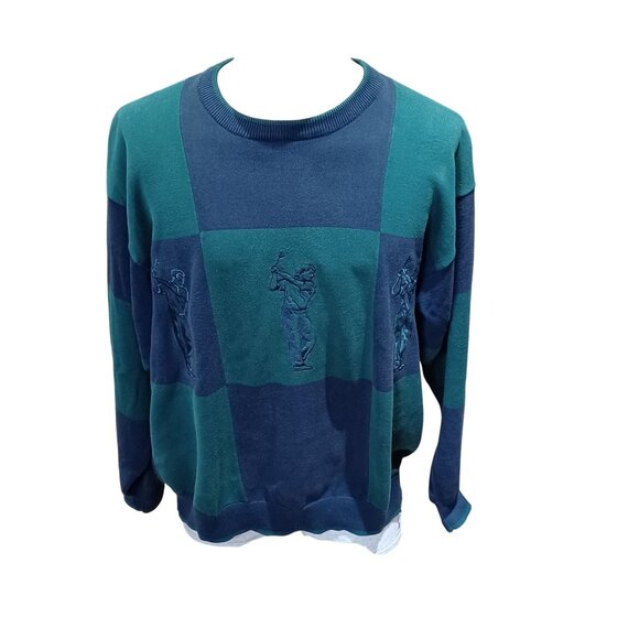 Vintage Par Four Mens Golf Sweater Large Green & Navy Cotton Blend - Picture 1 of 8